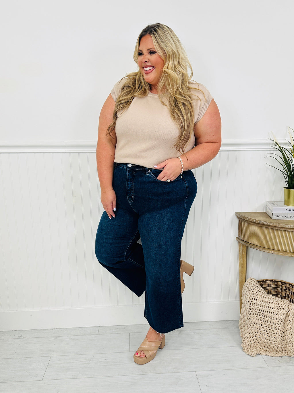 Fall Into Place Tummy Control Wide Leg Crop Jeans