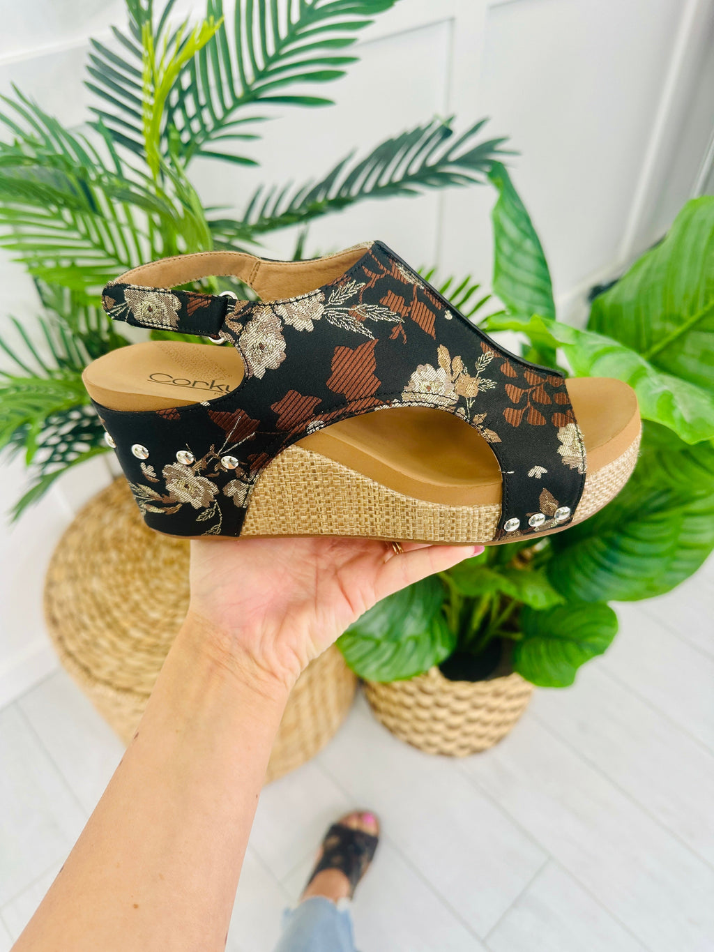 Naturally Elevated Wedges In Black Tan Floral