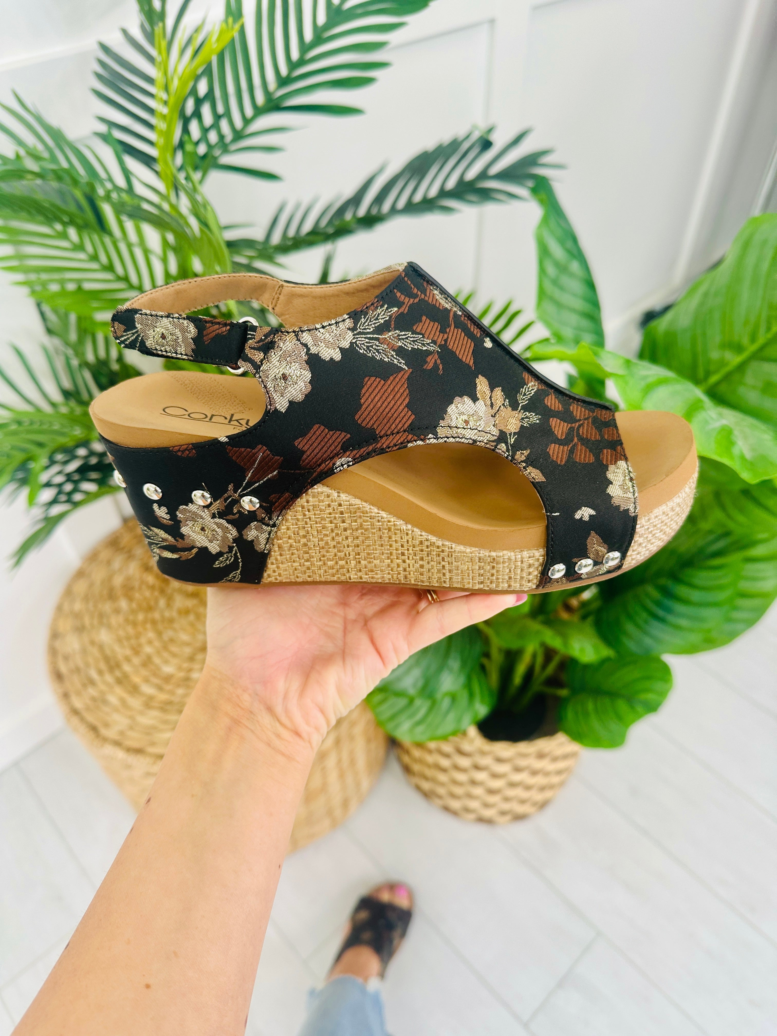 Naturally Elevated Wedges In Black Tan Floral