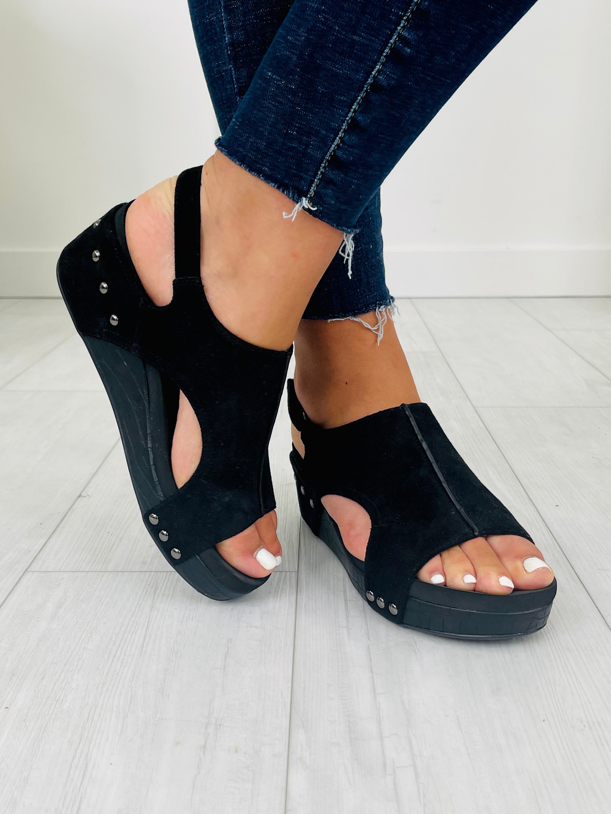 Studded Steps Wedges In Black Suede Croco