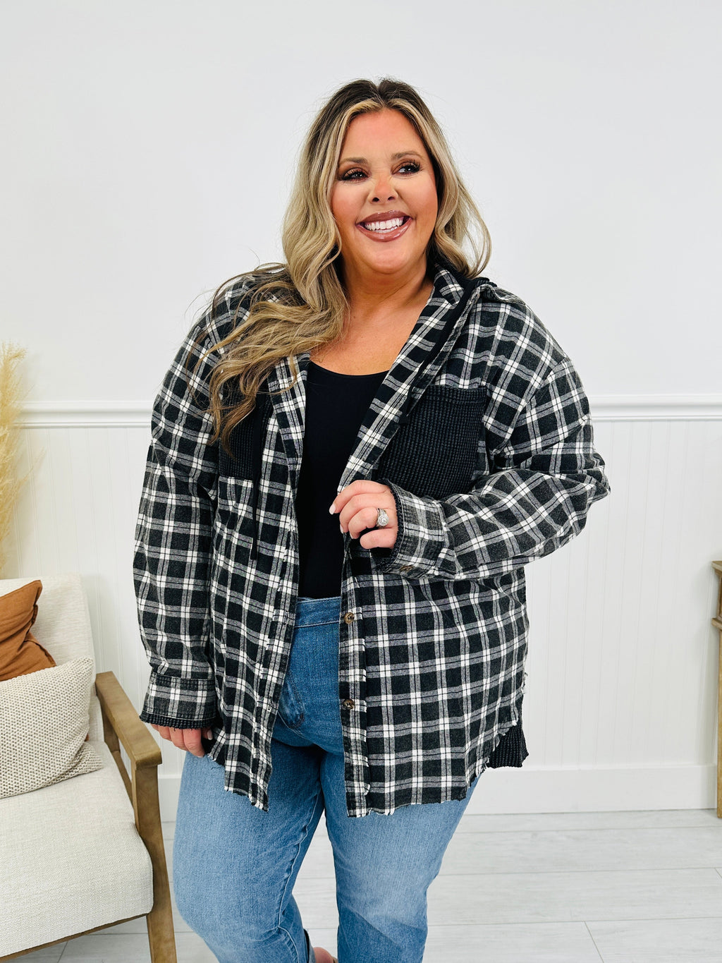 Falling For Flannel Hooded Shacket in Black