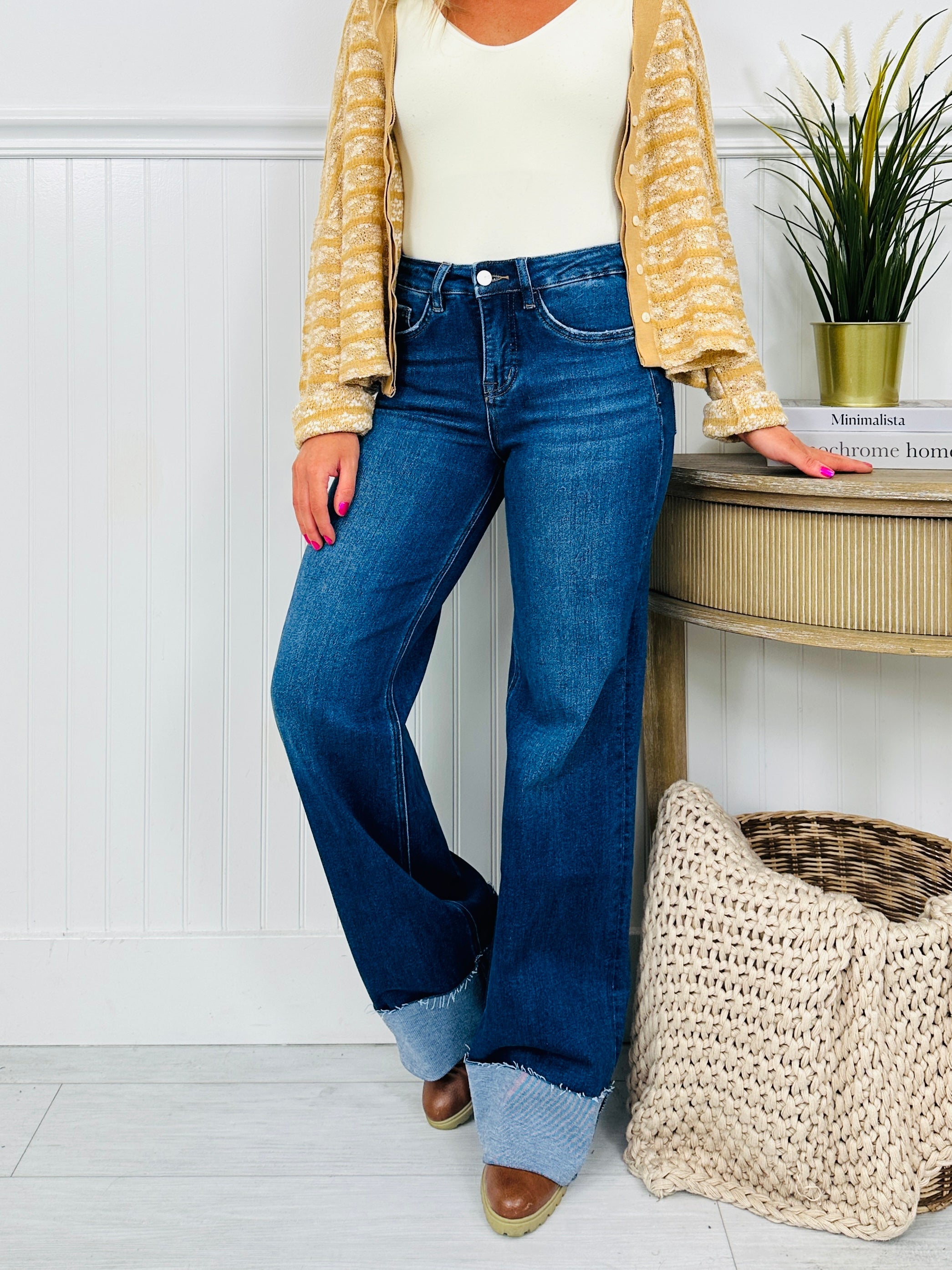 Follow The Trend Wide Leg Tummy Control Cuffed Jeans