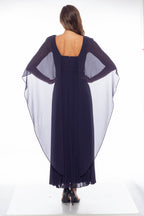 Marina  Long Capelet Pleated Chiffon Dress