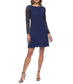 Marina  Short Lace Sleeve V Back Crepe Dress