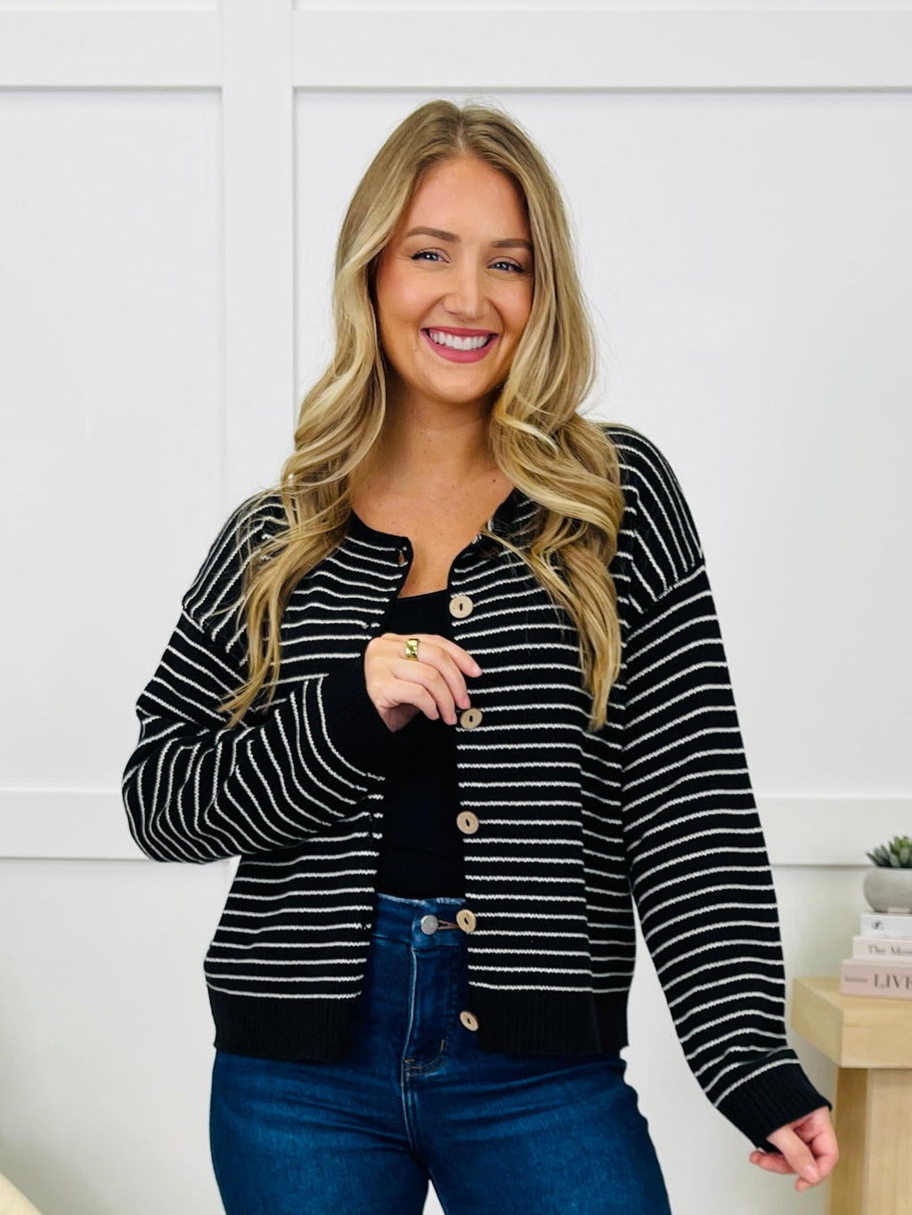 Polished In Stripes Cardigan in Black