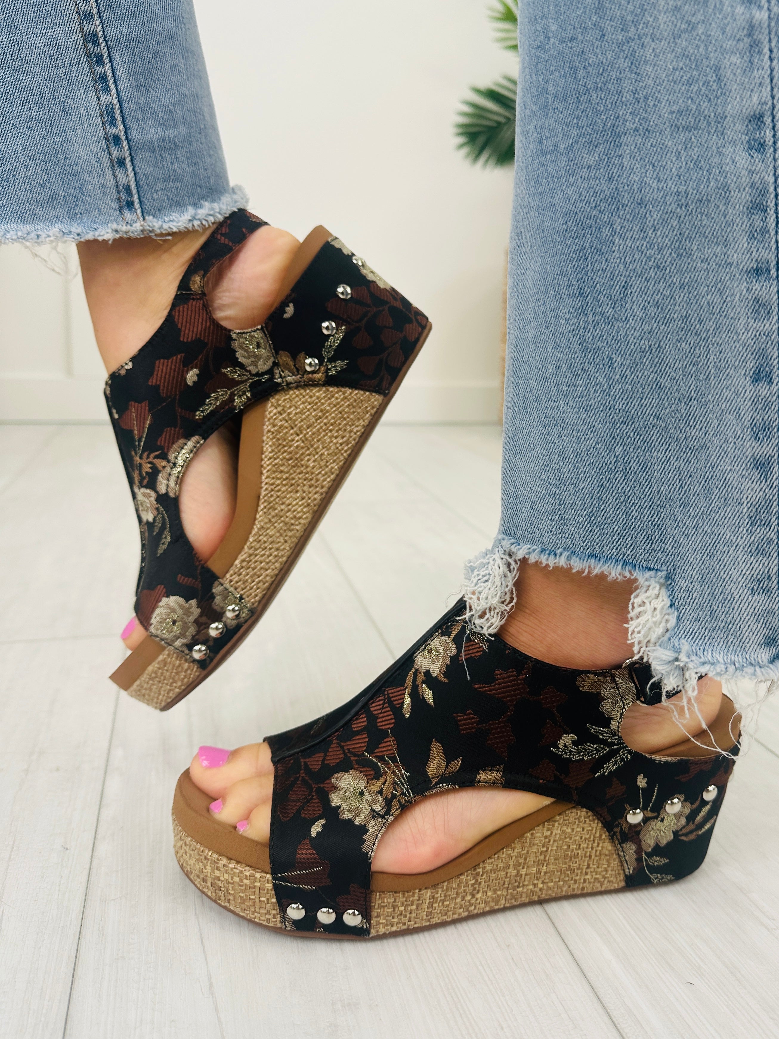 Naturally Elevated Wedges In Black Tan Floral