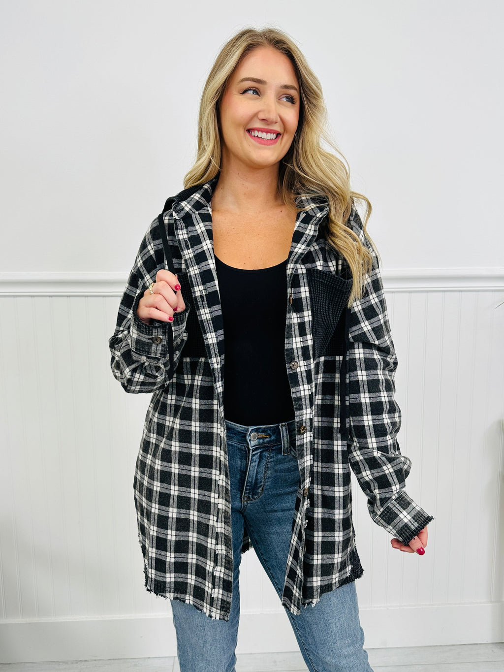 Falling For Flannel Hooded Shacket in Black