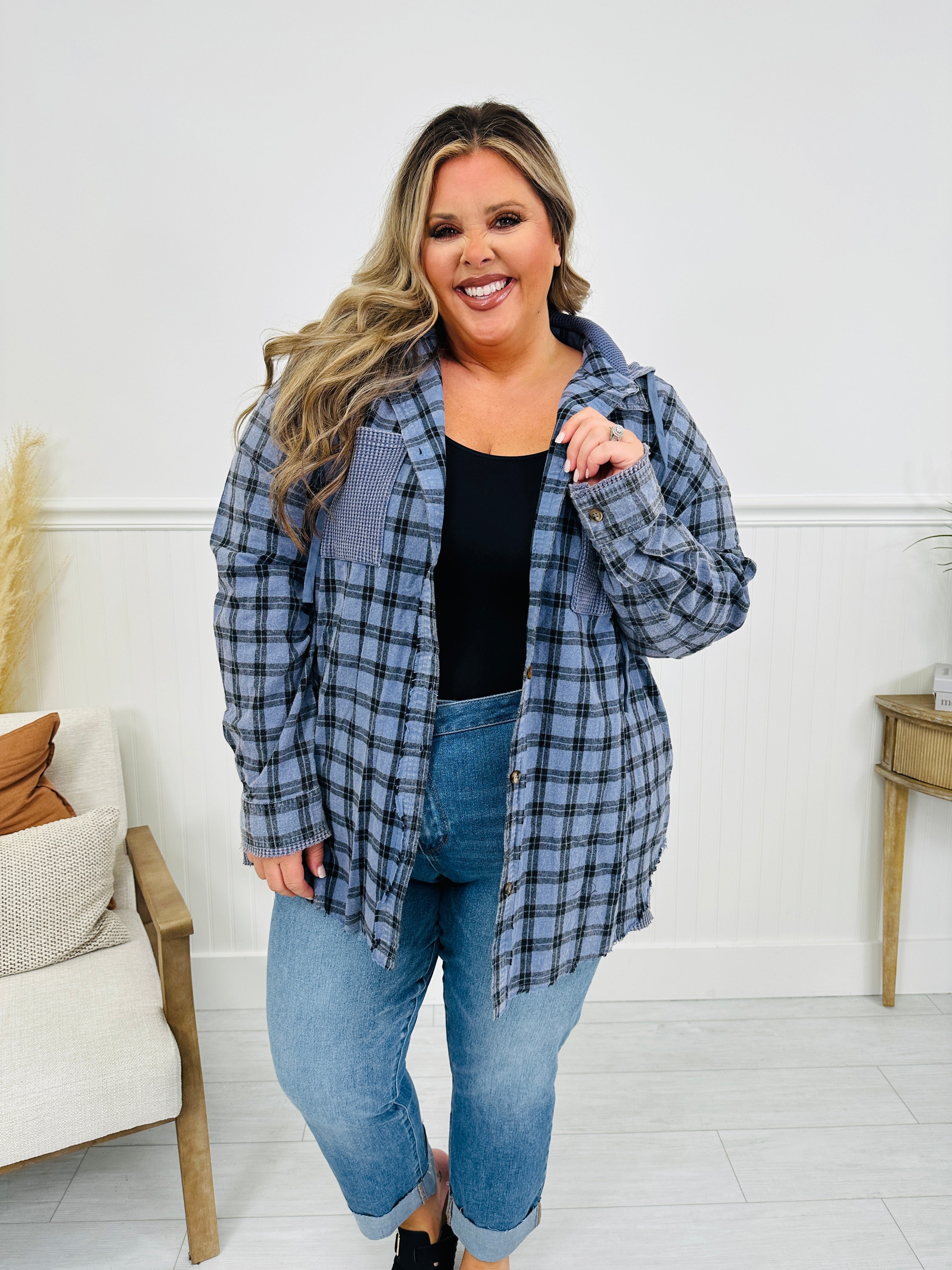 Falling for Flannel Hooded Shacket in Blue