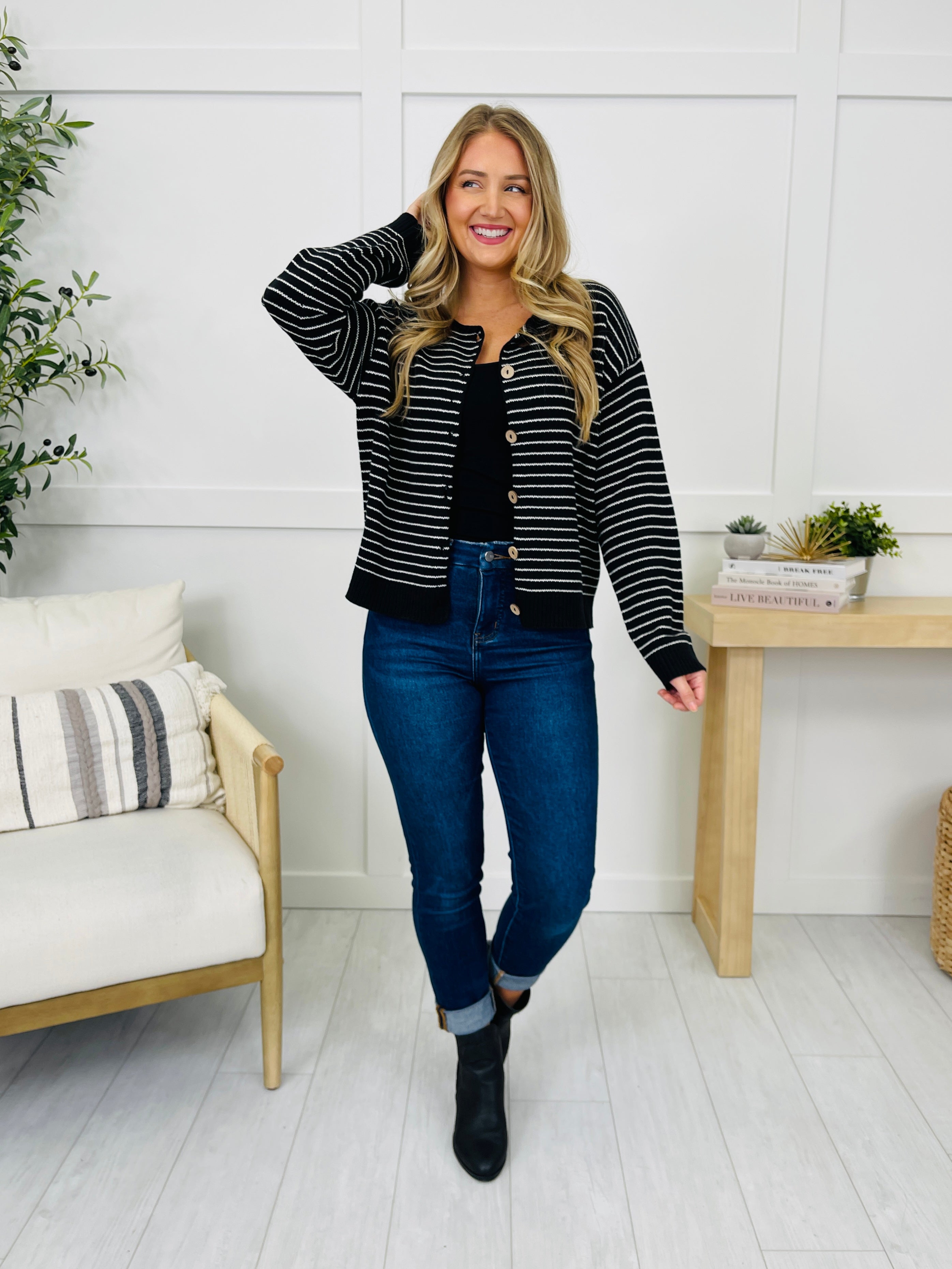 Polished In Stripes Cardigan in Black
