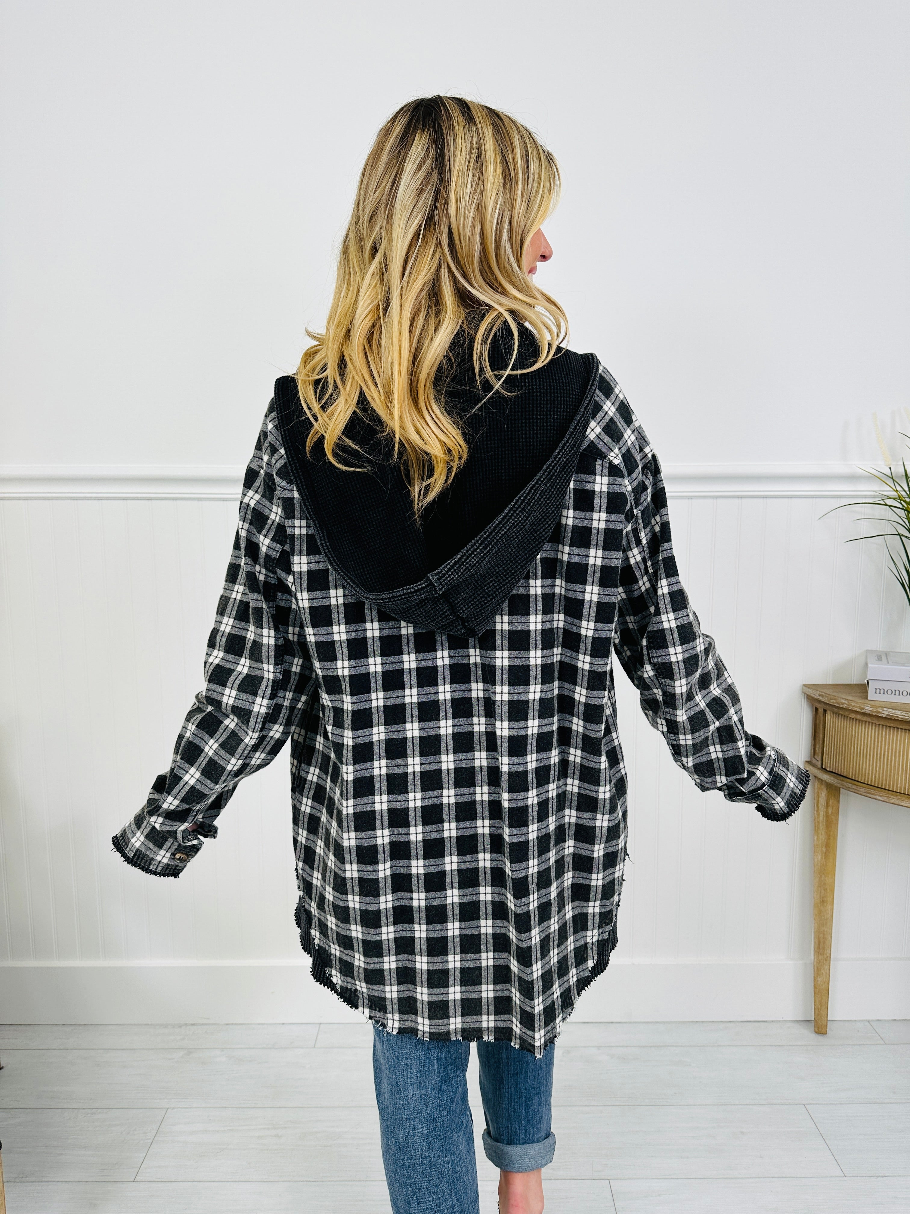 Falling For Flannel Hooded Shacket in Black