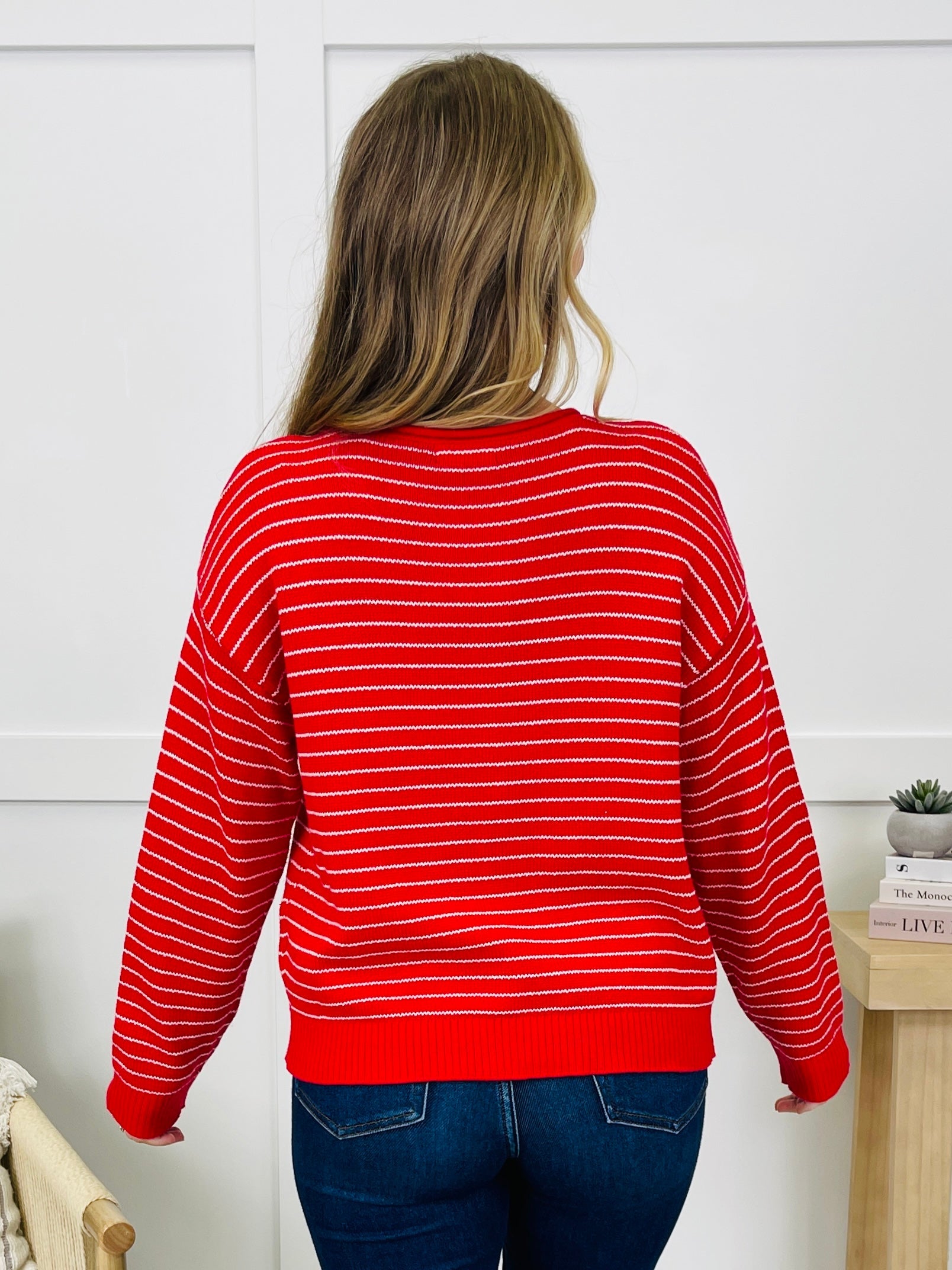 Polished In Stripes Cardigan in Red