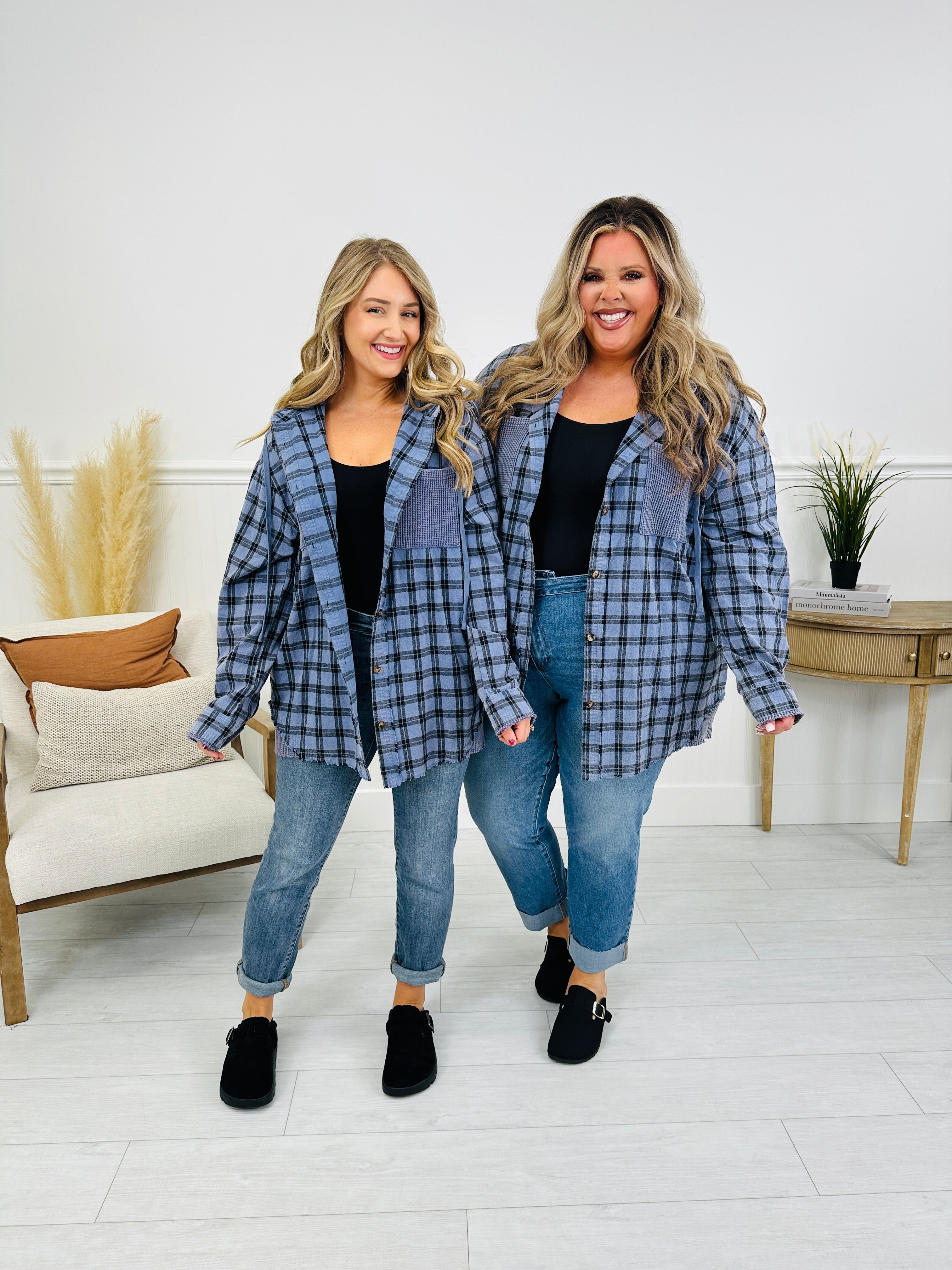 Falling for Flannel Hooded Shacket in Blue