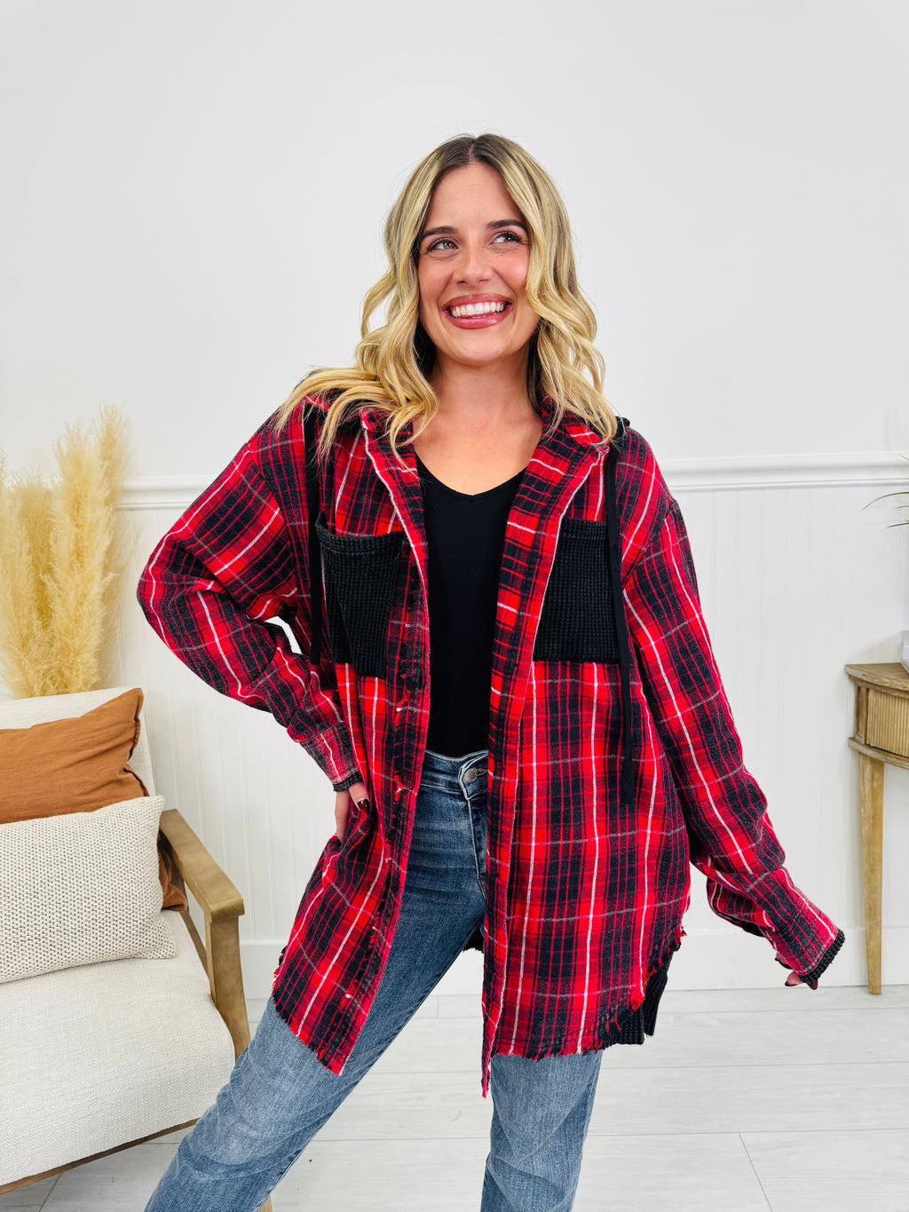 Falling For Flannel Hooded Shacket in Red