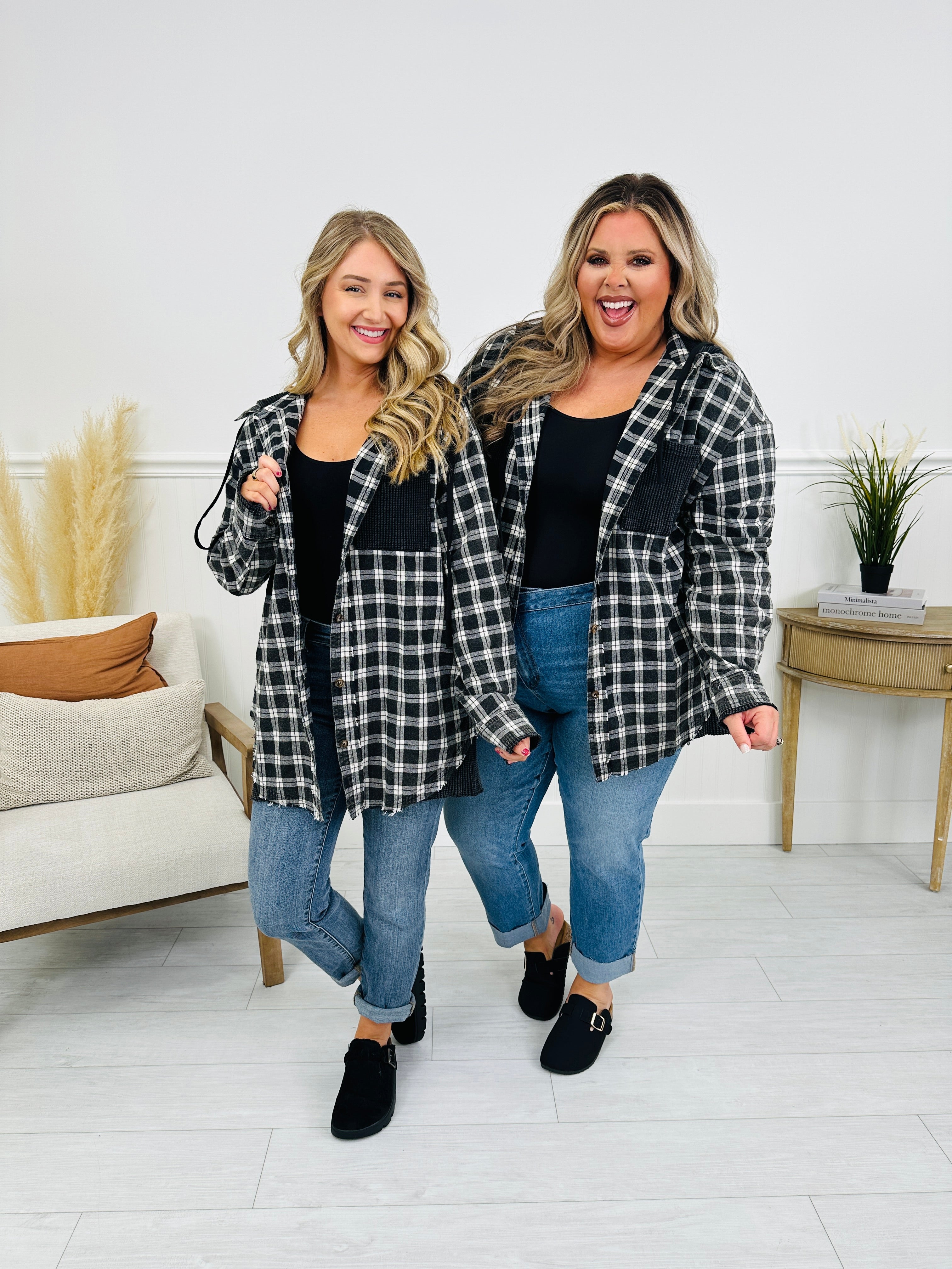 Falling For Flannel Hooded Shacket in Black