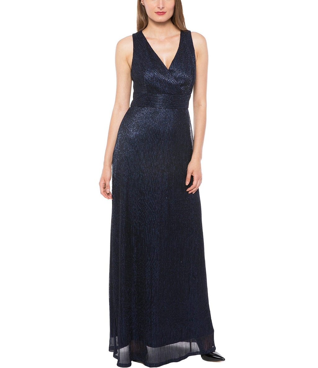 Marina  Long Pleated Metallic Waist Shirring Dress