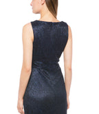 Marina  Long Pleated Metallic Waist Shirring Dress