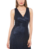Marina  Long Pleated Metallic Waist Shirring Dress