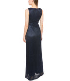 Marina  Long Pleated Metallic Waist Shirring Dress