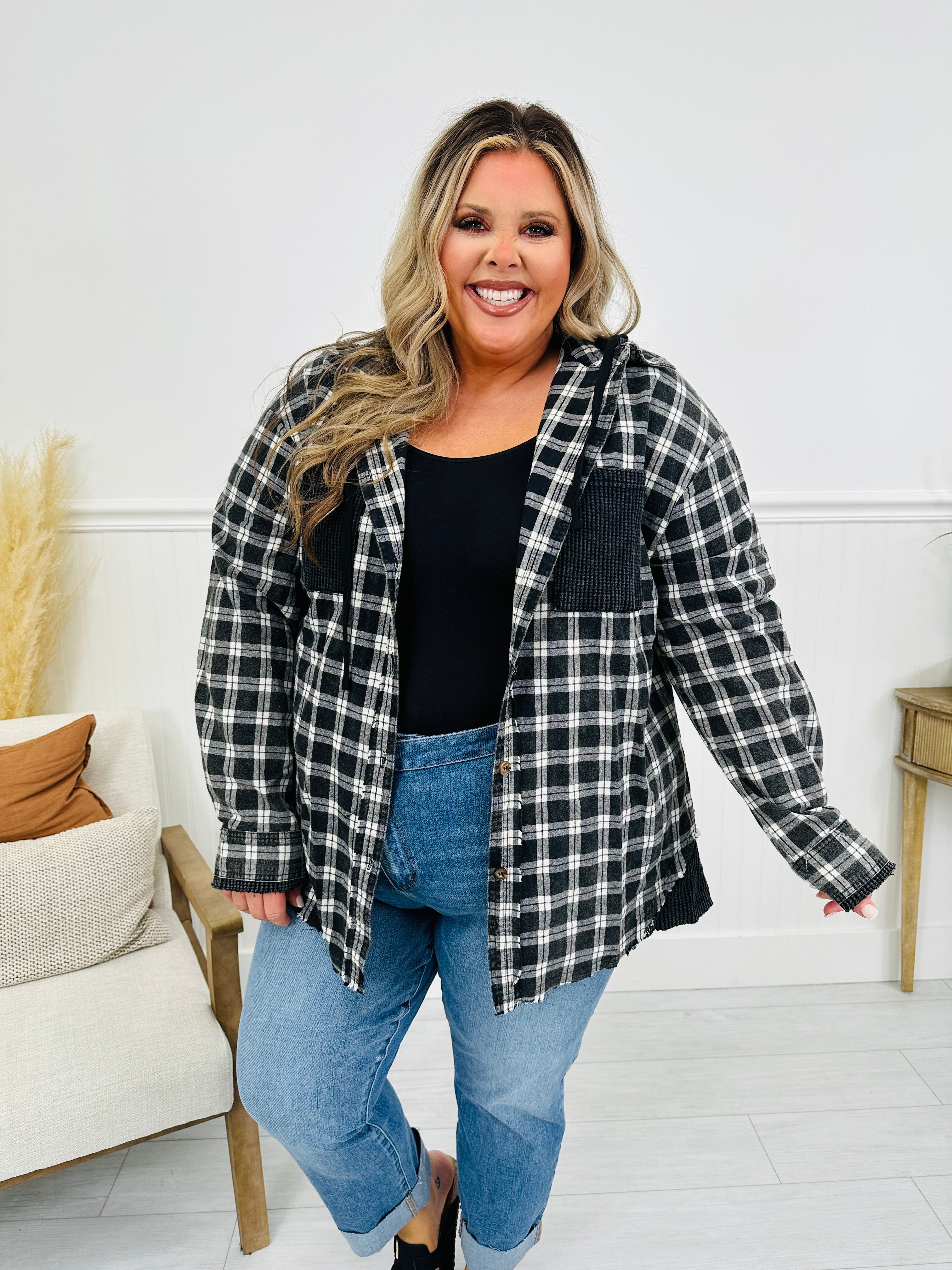 Falling For Flannel Hooded Shacket in Black