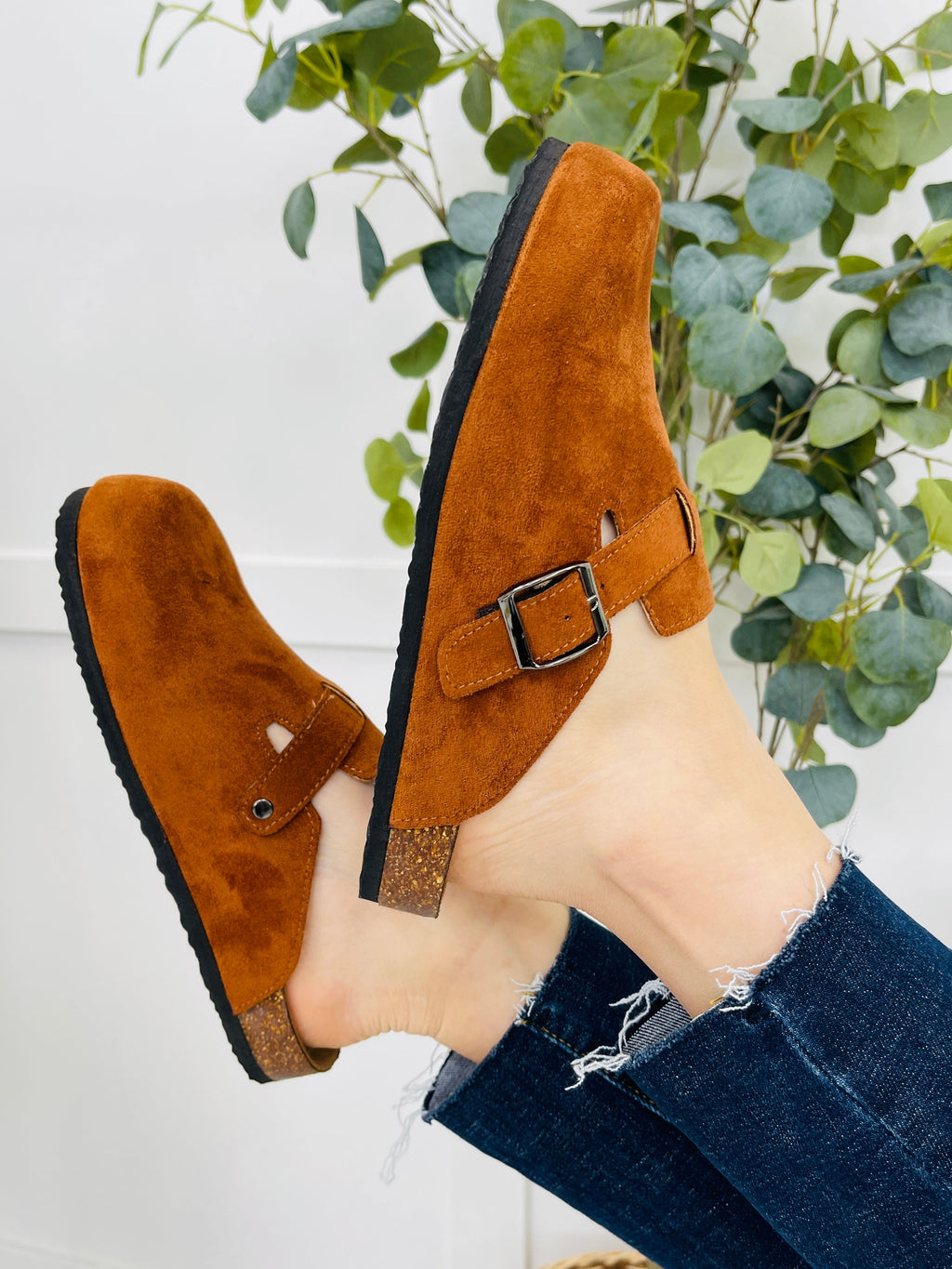 Buckle And Stroll Clogs In Whiskey Suede