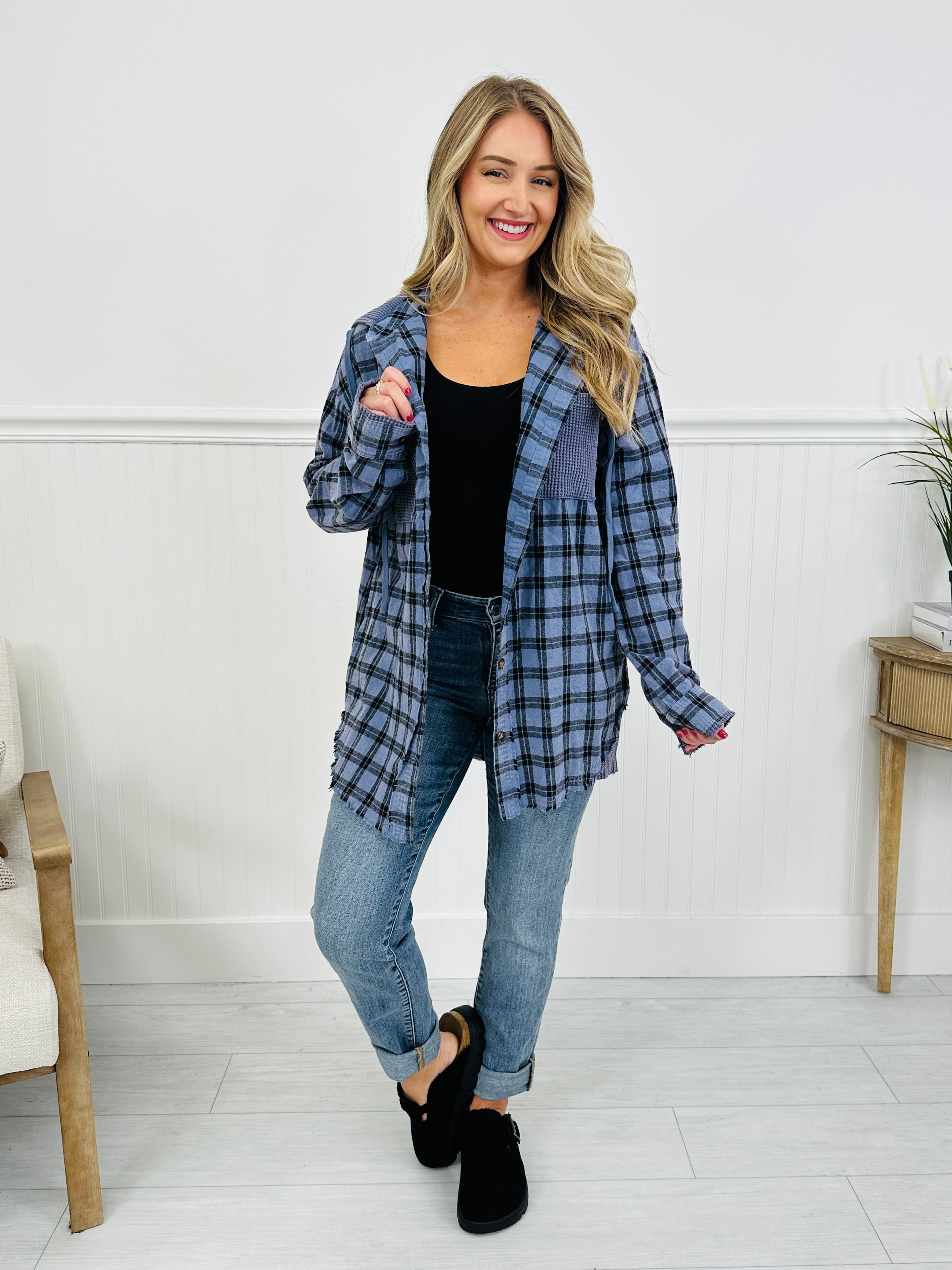 Falling for Flannel Hooded Shacket in Blue