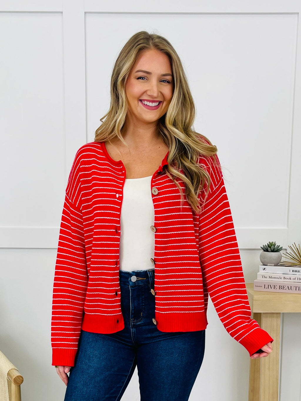 Polished In Stripes Cardigan in Red