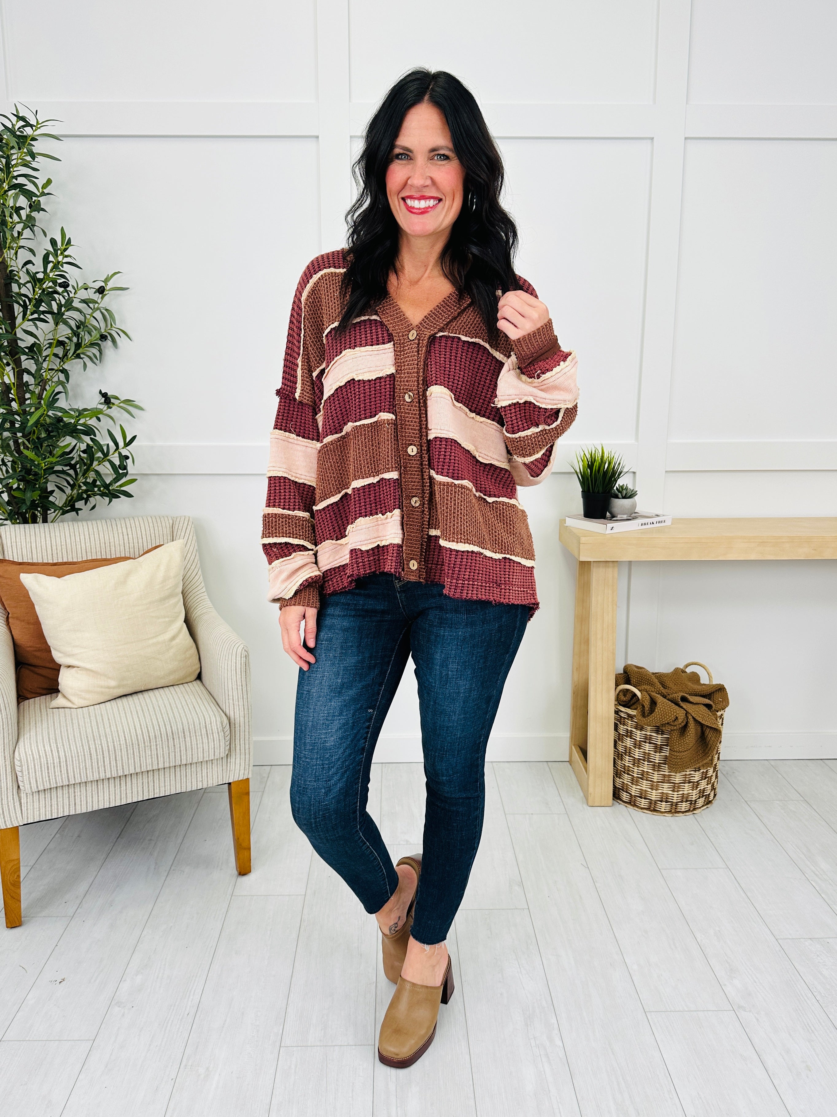 Gathered Stripes Cardigan in Wine Combo
