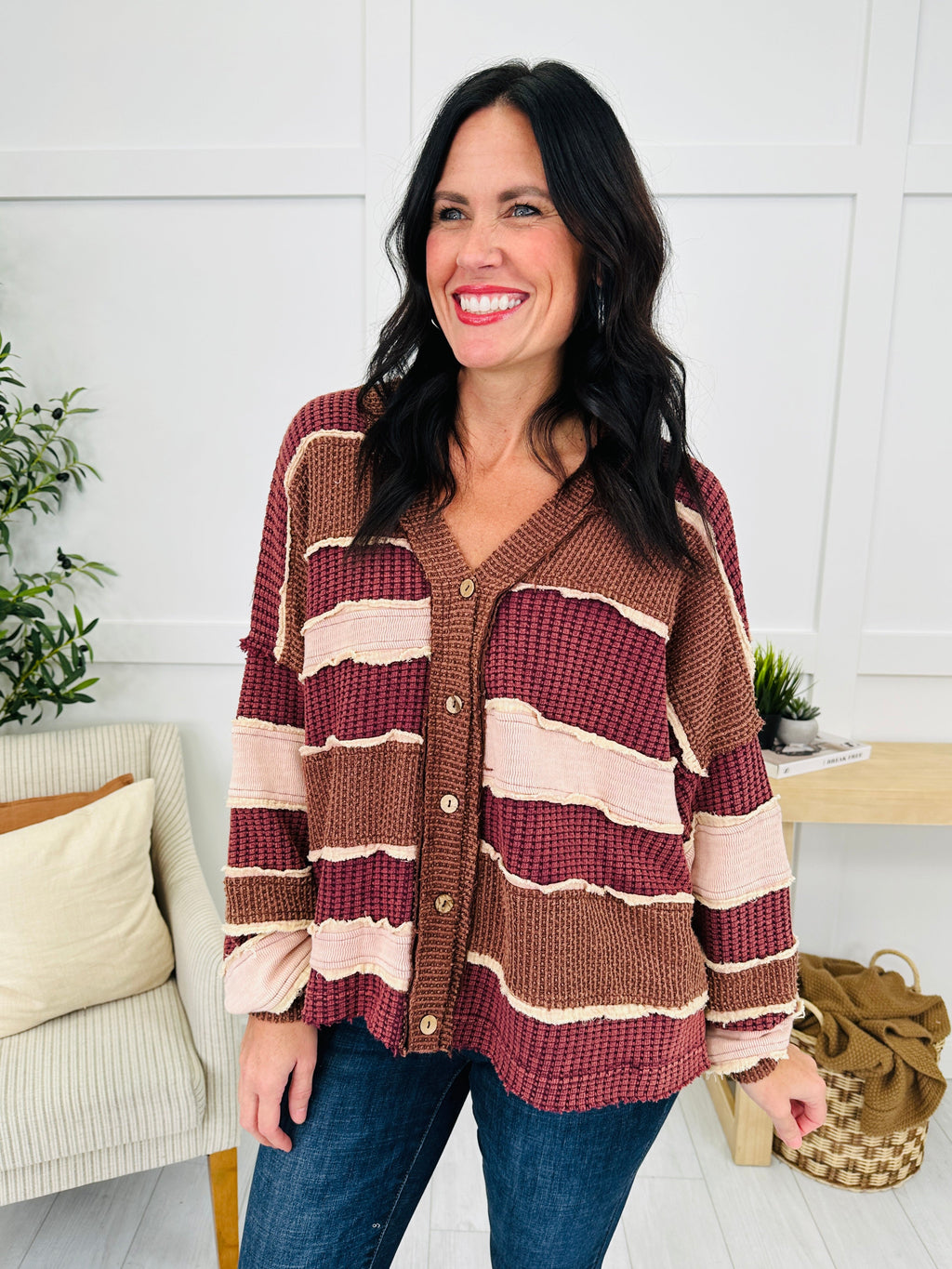 Gathered Stripes Cardigan in Wine Combo
