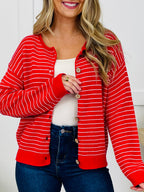 Polished In Stripes Cardigan in Red