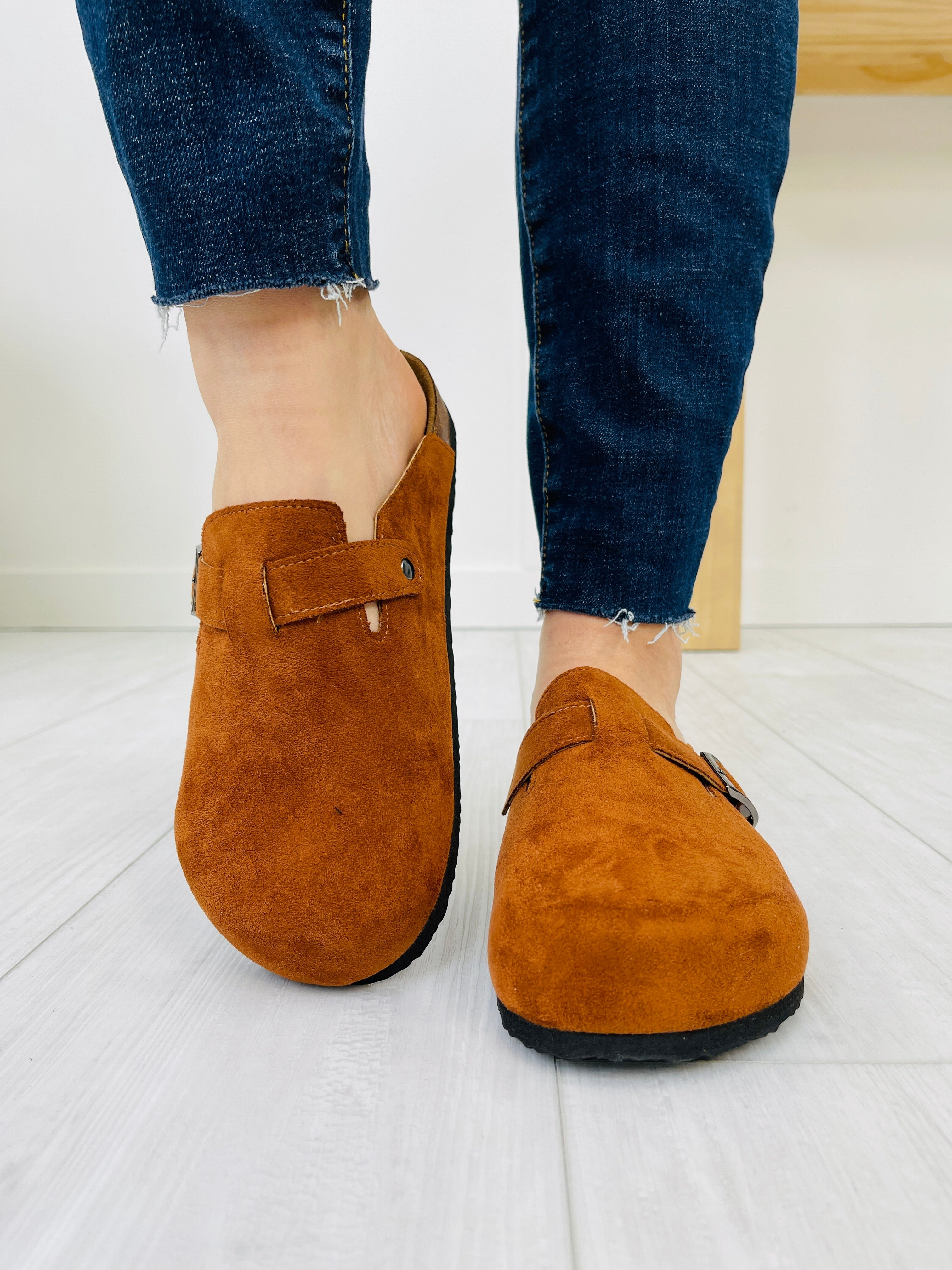 Buckle And Stroll Clogs In Whiskey Suede