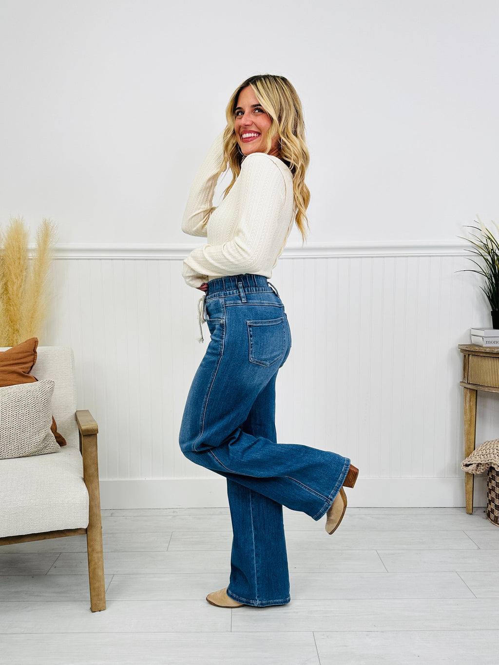 Off Duty Tummy Control Wide Leg Drawstring Jeans