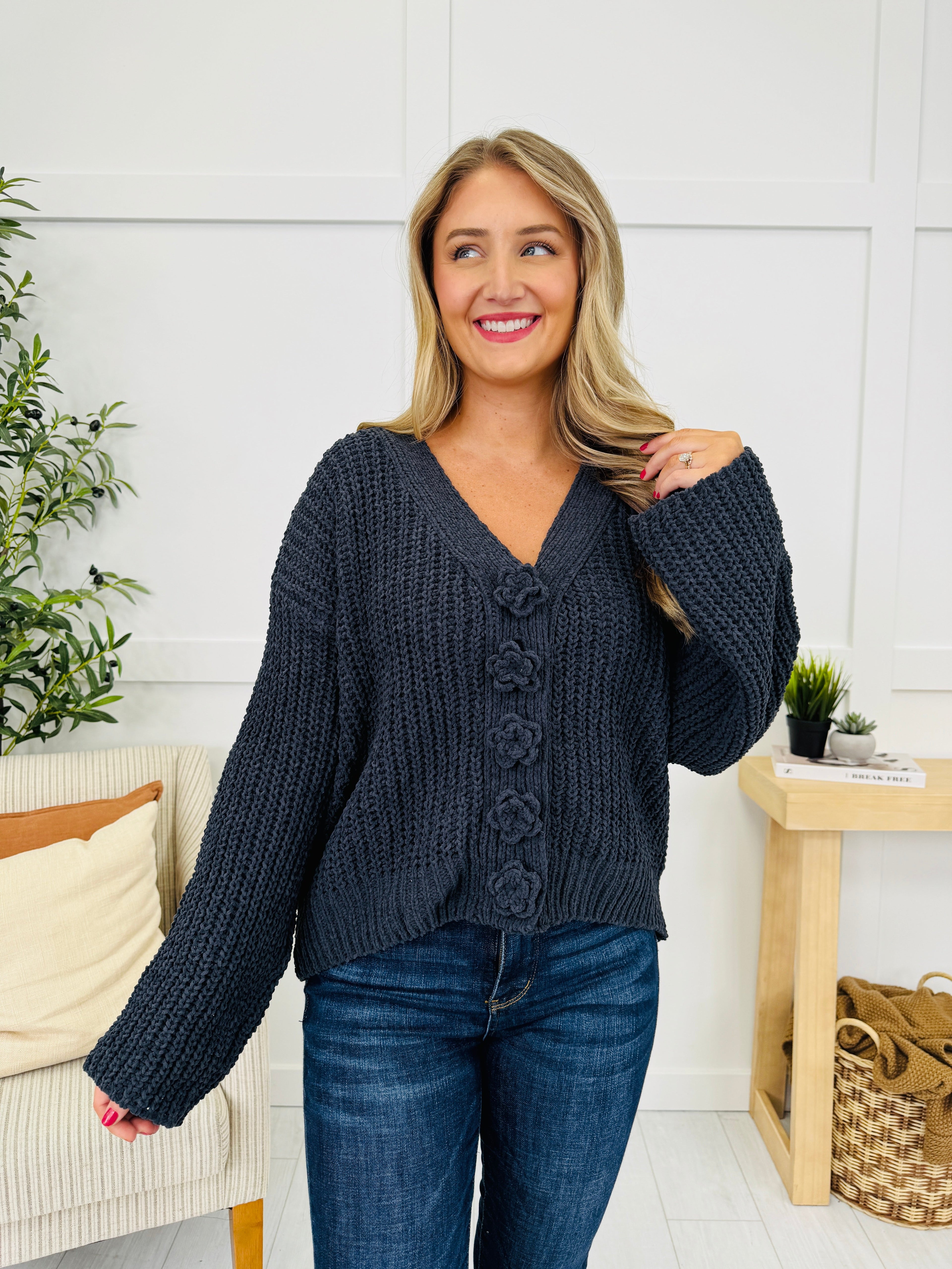 Bloom Where Buttoned Cardigan in Ink Charcoal