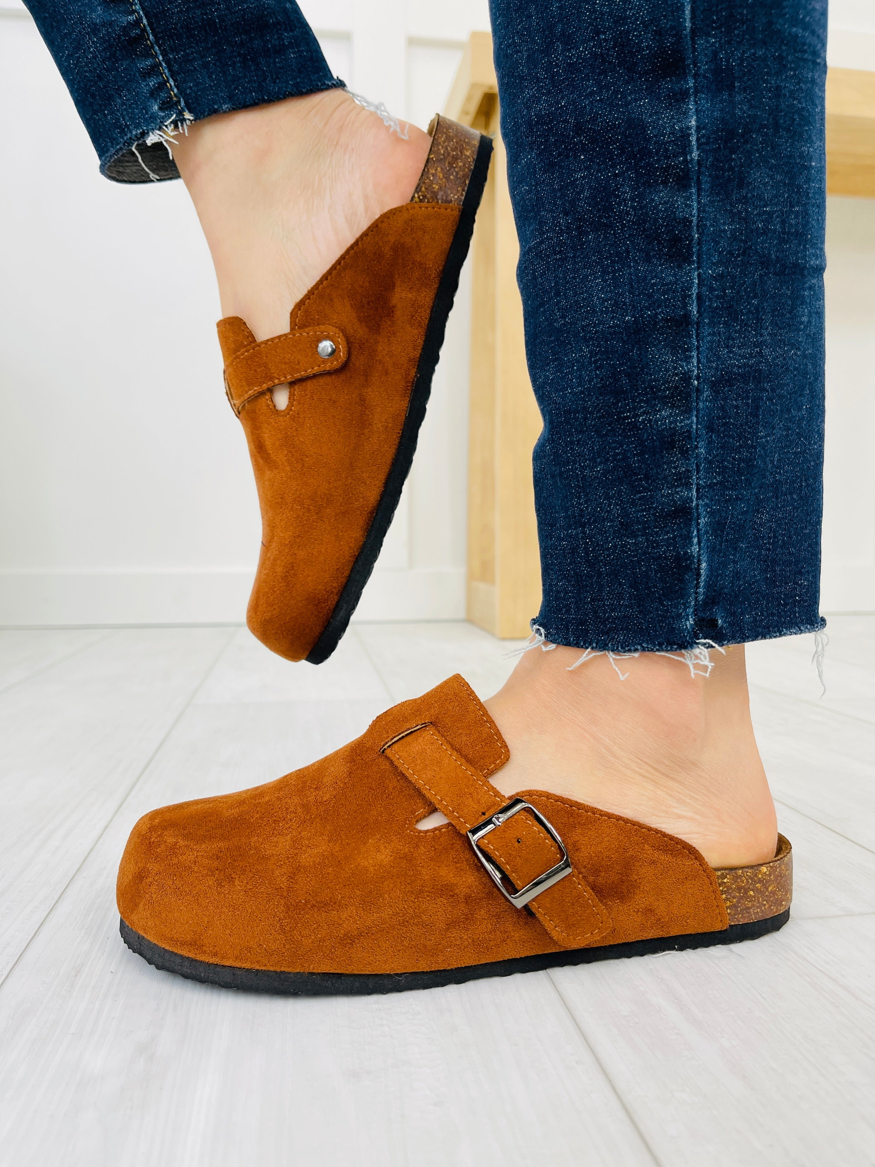 Buckle And Stroll Clogs In Whiskey Suede