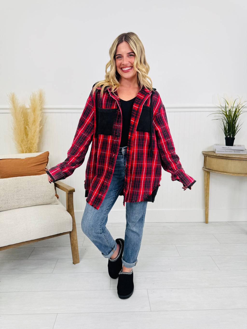 Falling For Flannel Hooded Shacket in Red