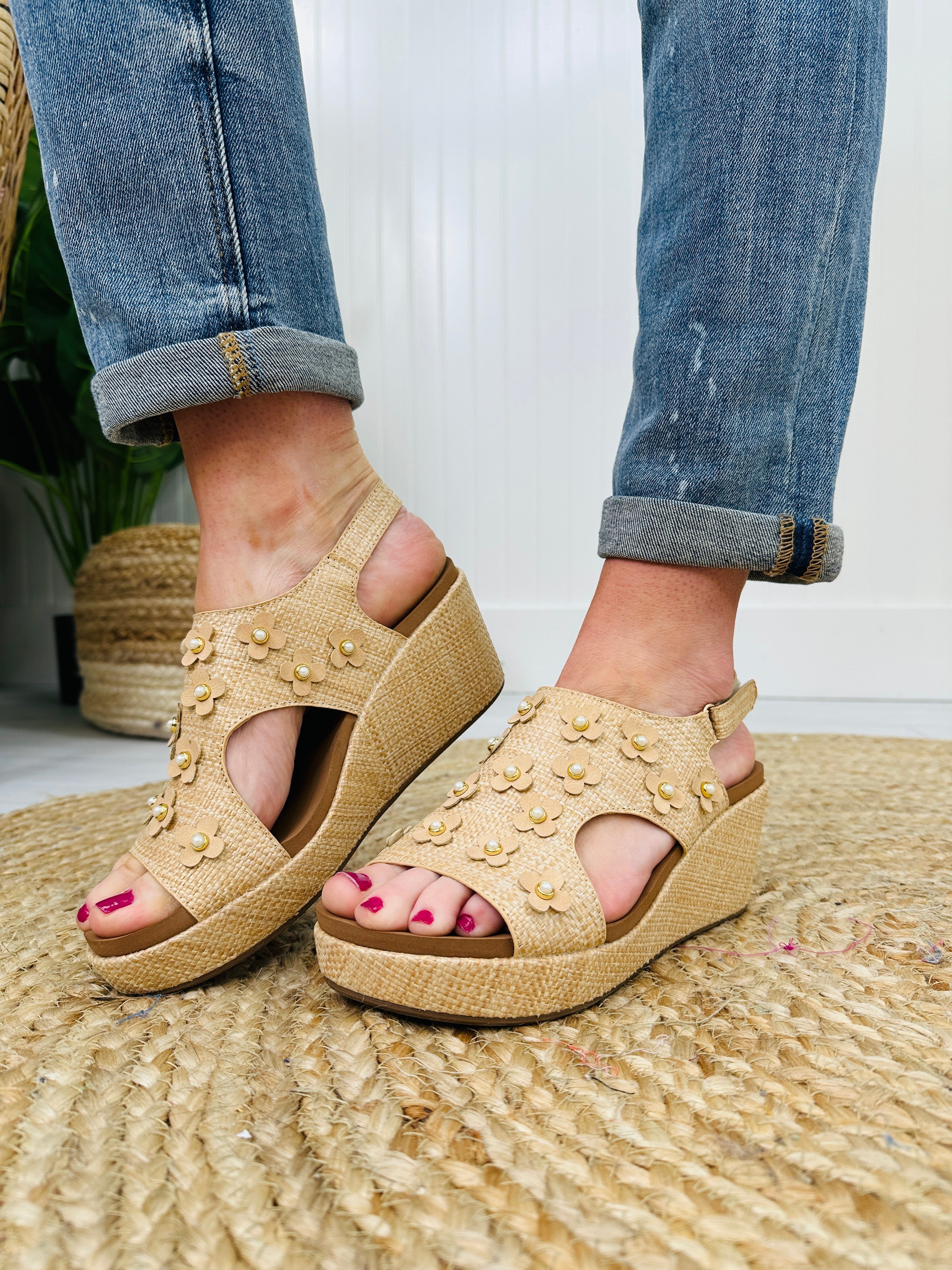 Twist Of Elegance Wedges In Raffia Flower