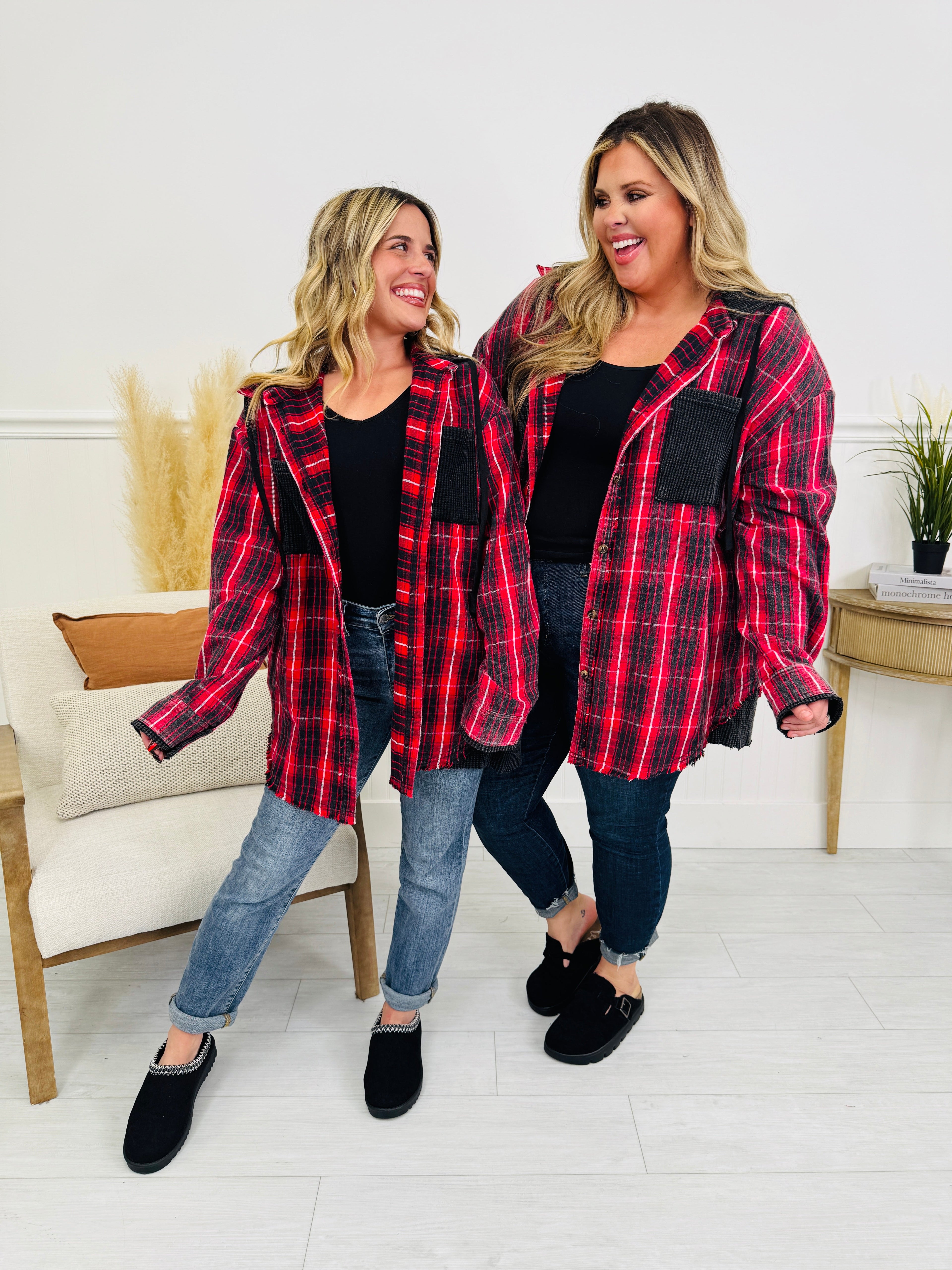 Falling For Flannel Hooded Shacket in Red
