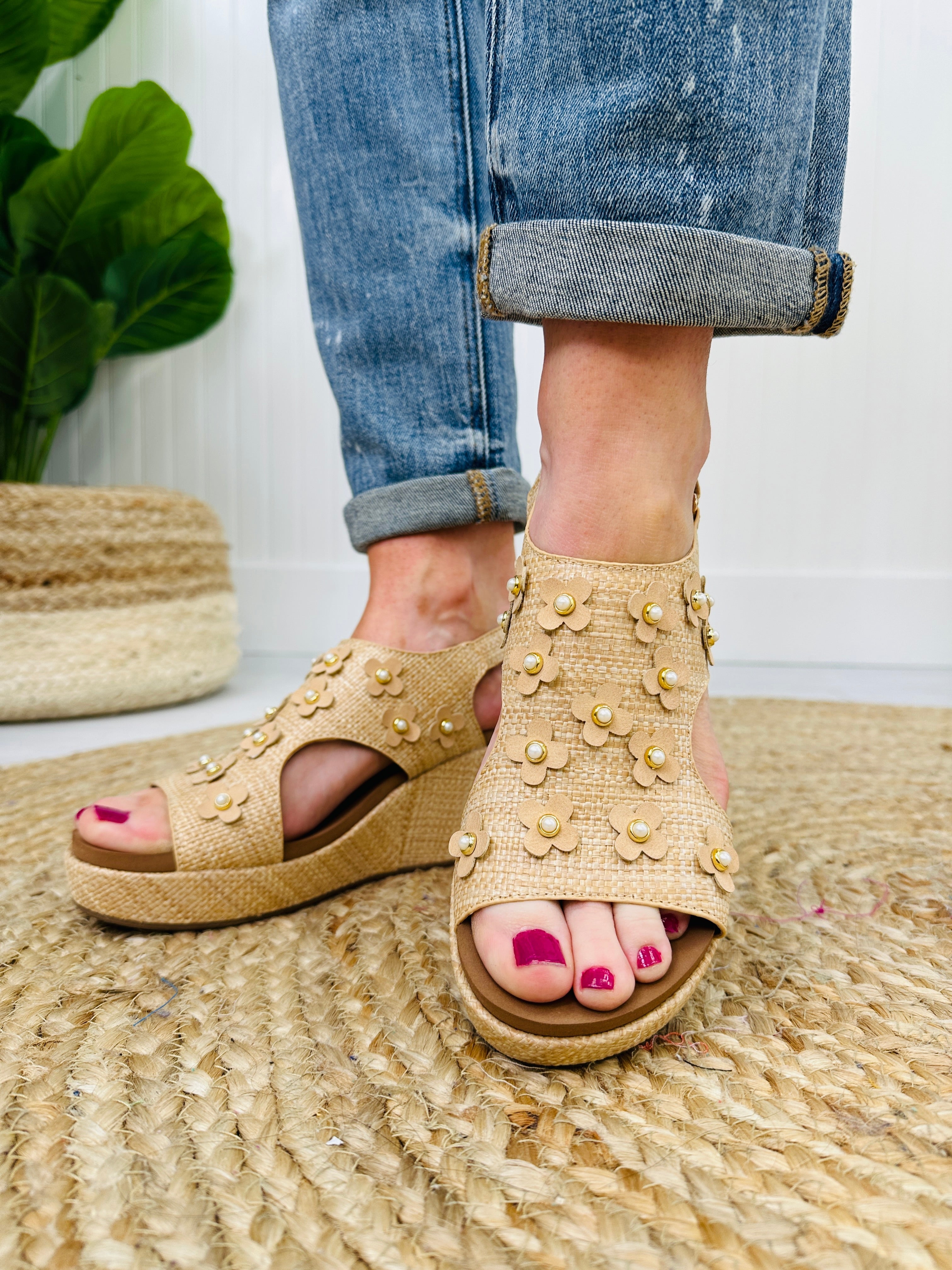 Twist Of Elegance Wedges In Raffia Flower