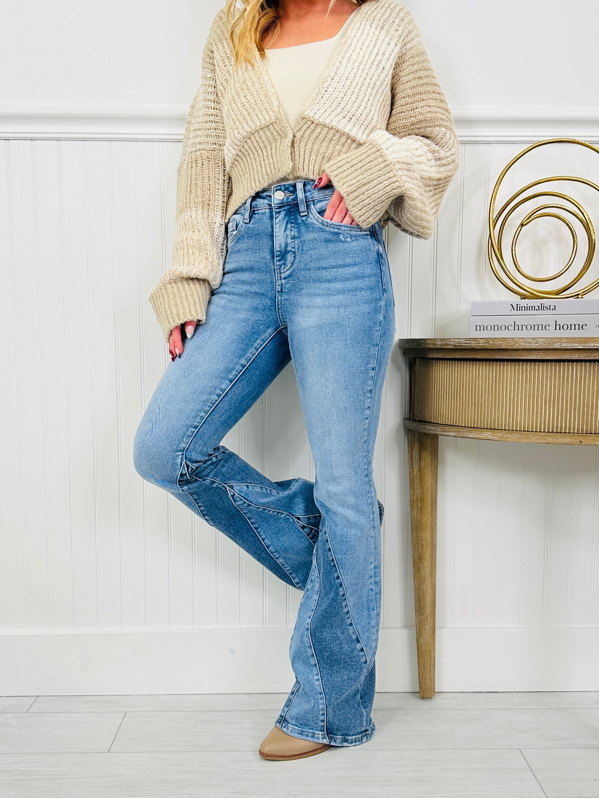 Two Tone Trend Tummy Control Flare Jeans