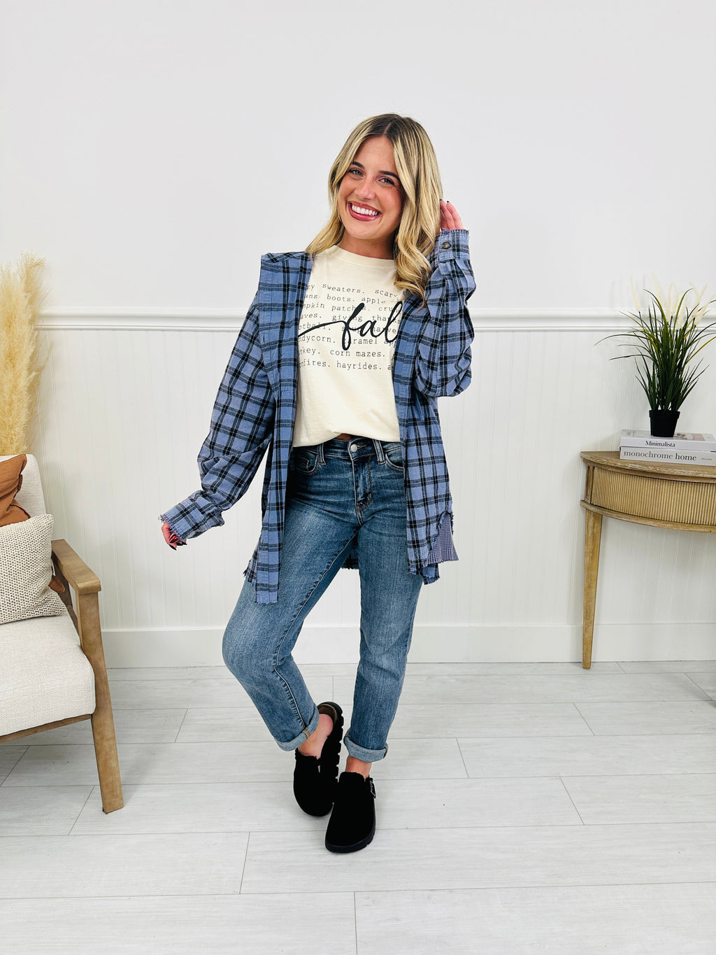 Falling for Flannel Hooded Shacket in Blue