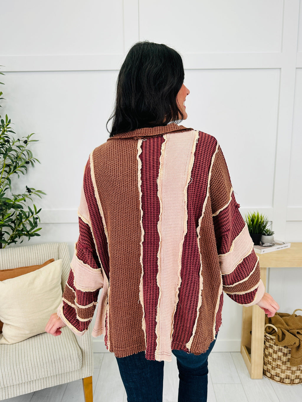 Gathered Stripes Cardigan in Wine Combo