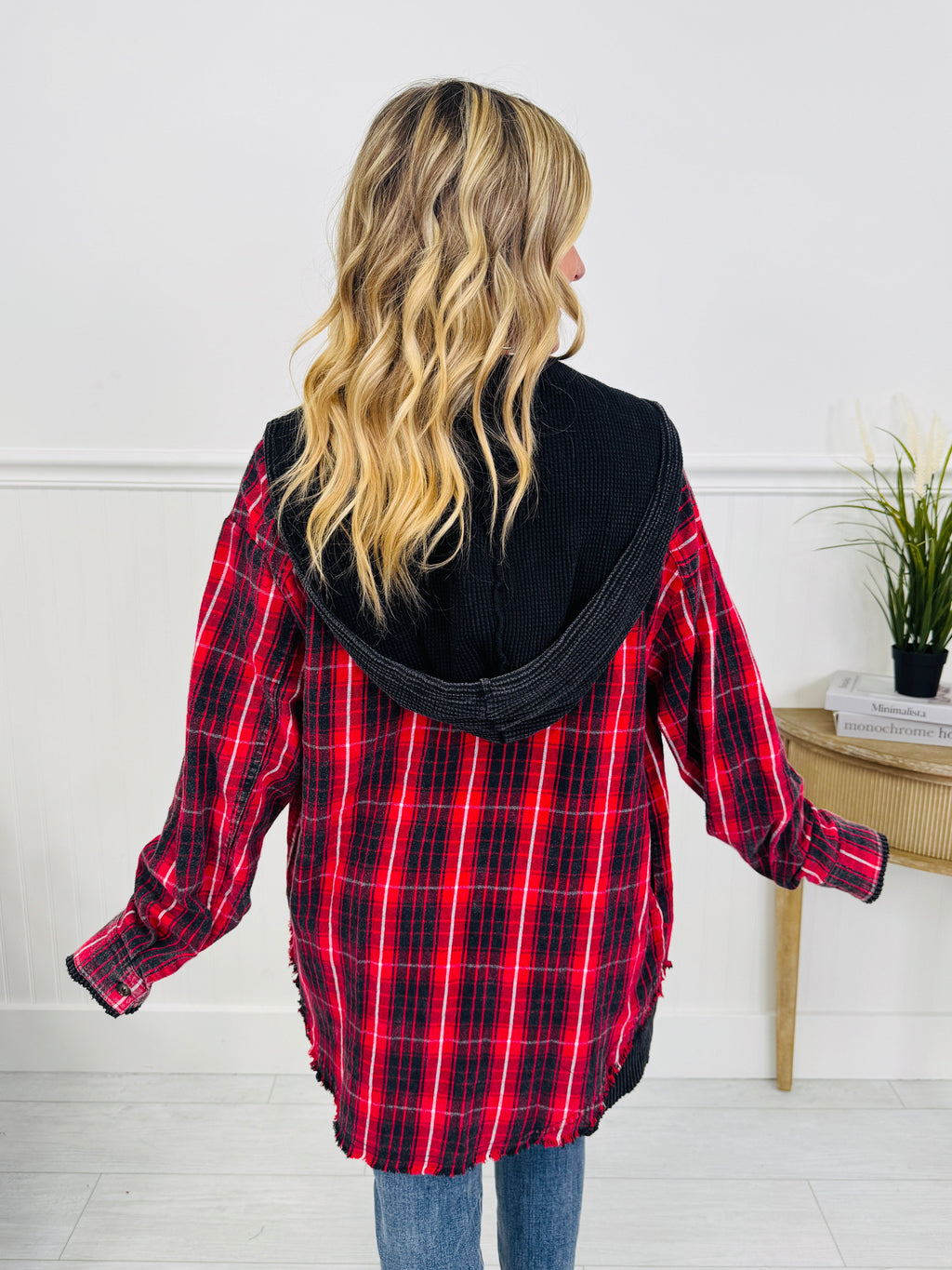 Falling For Flannel Hooded Shacket in Red