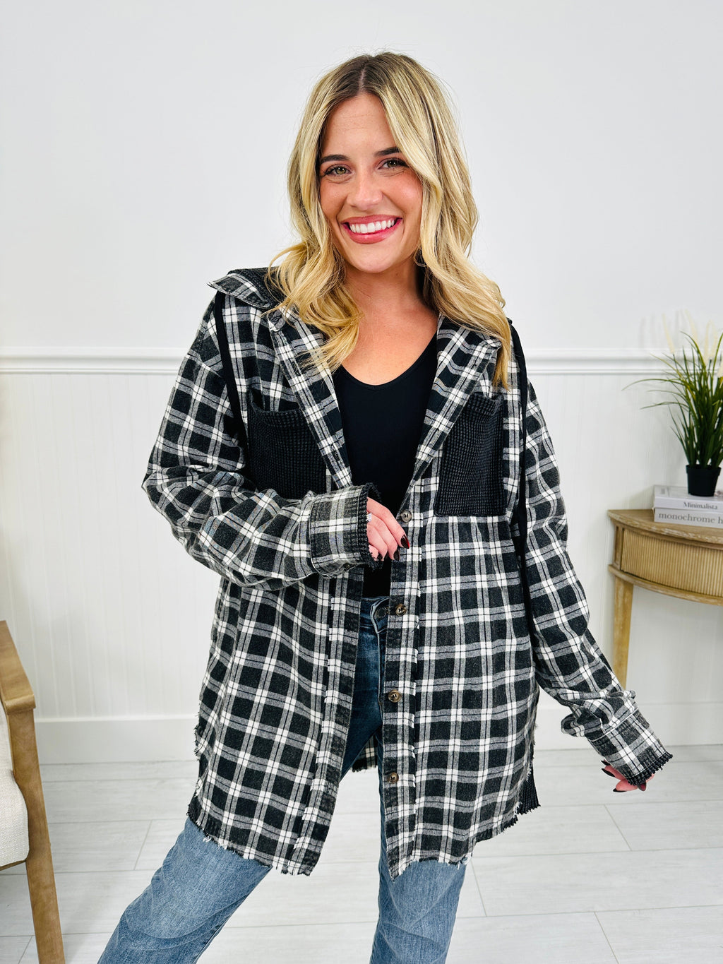 Falling For Flannel Hooded Shacket in Black