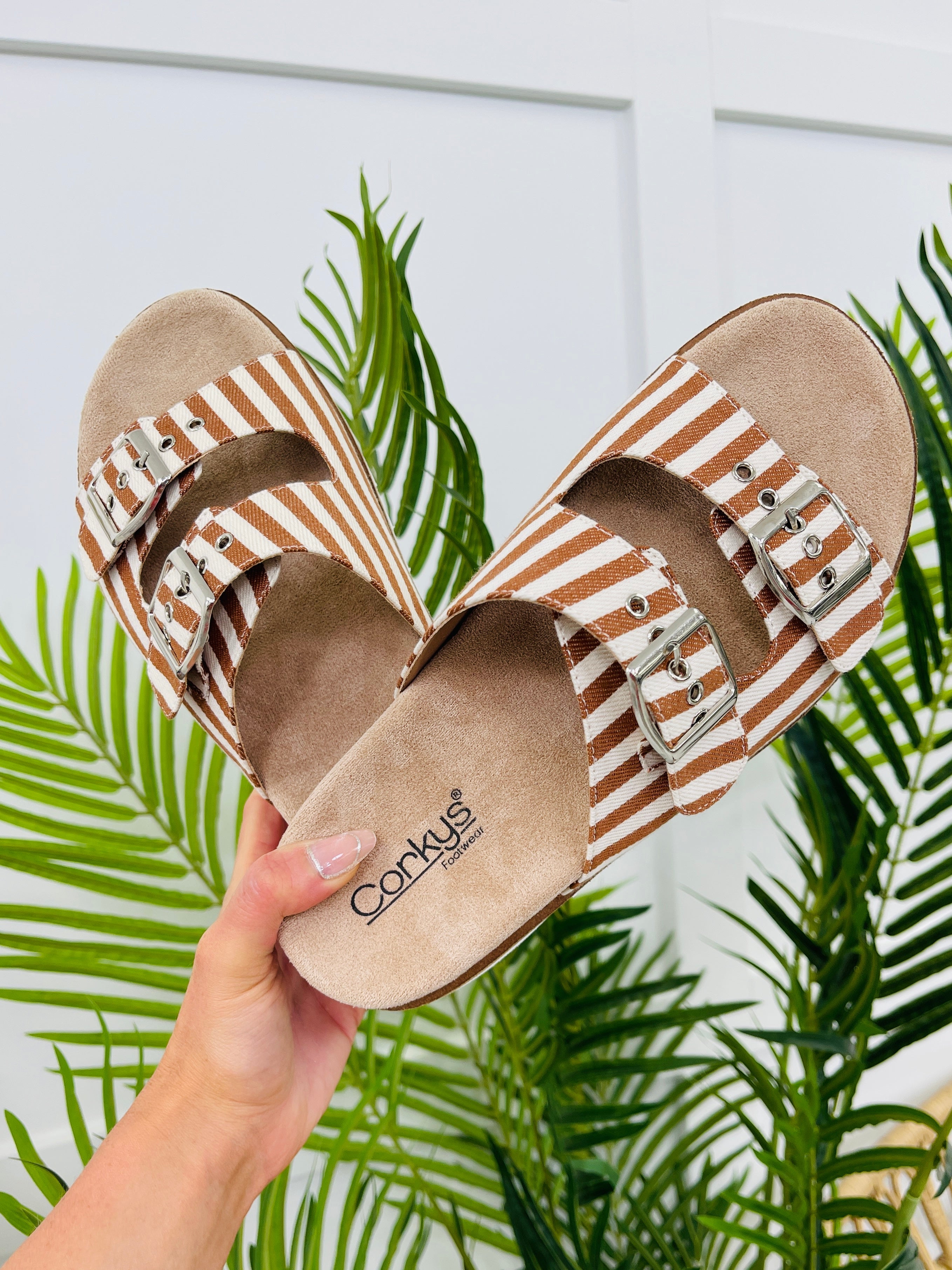 Beachfront Buckle Sandals in Tan Natural Stripe