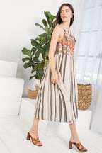 Embroidered Stripe Sleeveless Midi Dress