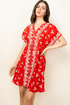 Short Print V Neck Embroidered Dress