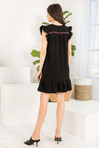 Short Embroidered Knit Flutter Sleeve Dress